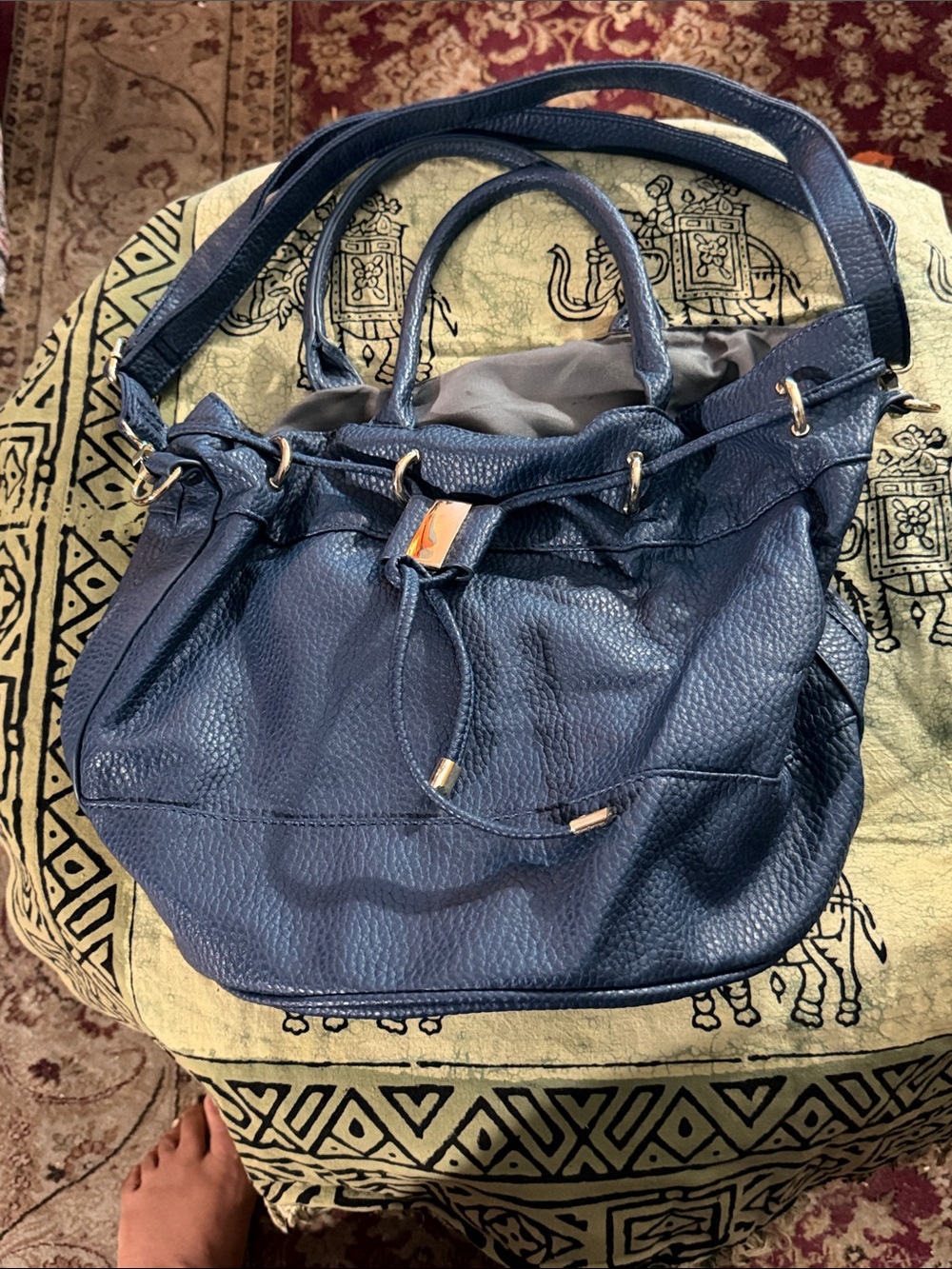 JustFab Navy Pebbled Leather Drawstring Shoulder Bag